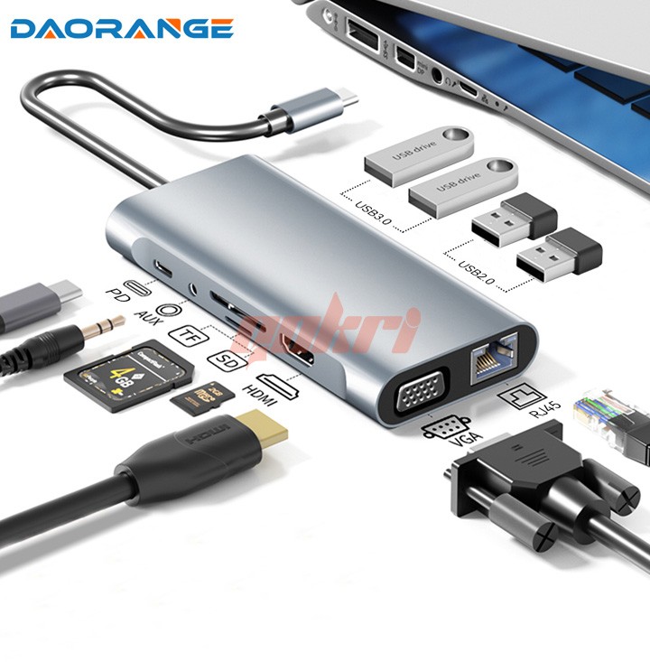 11-in-1 USB C Hub 3.0 Type C Dock Station Multiport Adapter with 4K HDMI RJ45 SD/TF VGA HDMI PD for Laptop